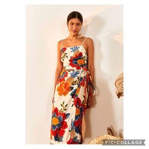 Farm Rio Small White Pineapple Flowers Linen Blend Midi Dress Wrap